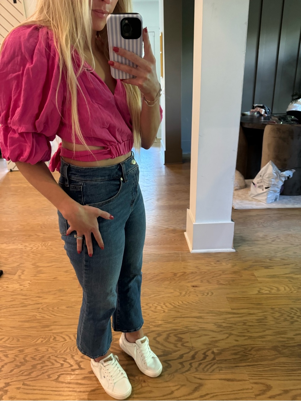 Pink Puffy Sleeve Tie Shirt